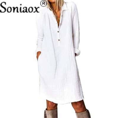 Cotton Linen Mid Long Dress Women Summer V-Neck Button Pure Color Short Sleeve Casual Dress 2021 Beach Sundress Vestidos Femme