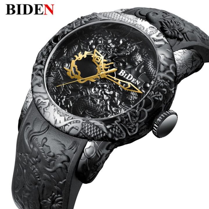 นาฬิกาผู้ชายลายมังกรรูปปั้น3d-แฟชั่นสุดหรูสายนาฬิกาข้อมือสีดำสุดหรูสร้างสรรค์นาฬิกาผู้ชาย-relogio