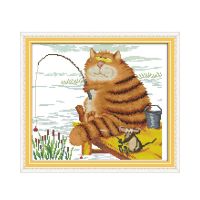 The cats favorite (3) cross stitch kit cartoon cat fishing count print canvas stitches handmade needlework plus