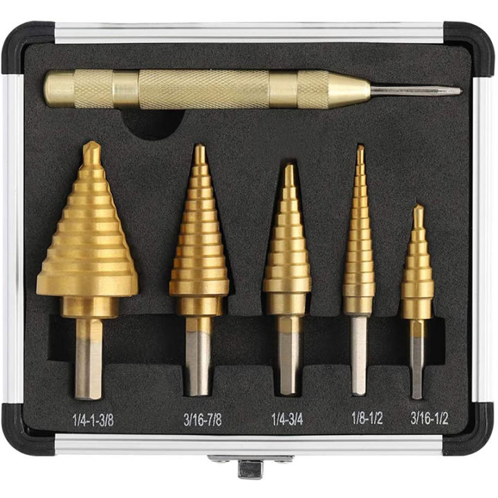5pcs-step-drill-bit-hss-titanium-coated-straight-multiple-hole-50-size-drill-bit-for-metal-wood-plastic-sheet-with-aluminum-case