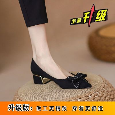 ✣ Shallow mouth thick heel single shoes for women 2022 summer new Korean style pointed toe soft sole womens shoes black bow high heels