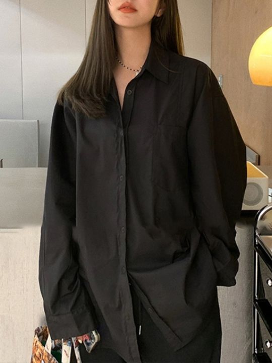เสื้อยืดผ้าฝ้ายสำหรับผู้หญิงเสื้อเชิ้ตลำลองขนาดใหญ่เสื้อเบลาส์แขนยาวสีดำสีขาว-mode-korea-หลวมปกเสื้อกระดุมแถวเดียว