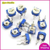 JIYAN2866 10pcs ปรับได้ปรับได้ ตัวต้านทานตัวแปร 1/2/5/50 /k 200R /m RM-065-103 10K ตัวต้านทานปรับได้ สีฟ้าและสีขาว 204 504 105 ตัวต้านทานทริมเมอร์ตัวแปร ตัวต้านทานบาดแผล