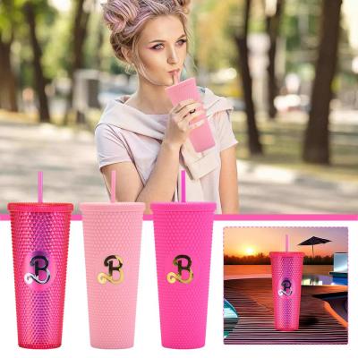700ml Large Capacity Studded Tumbler Plastic Straw Portable Cup Drinking Bottle Diamond Cup Water Q6P5
