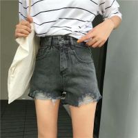 COD Womens clothing◕Smoke gray denim shorts women s summer high waist thin a-line hot pants 2020 new hole large size loose