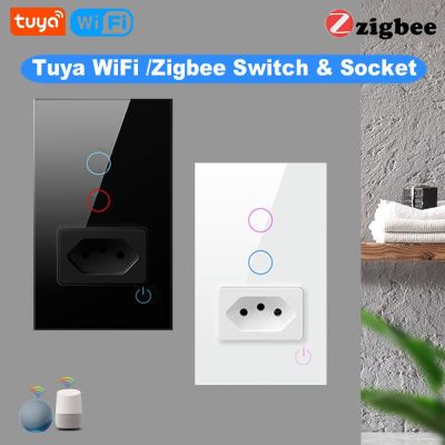 Brazil Tuya Wifi Smart Light Switch With Socket Smart Life Zigbee Touch Switch With Smart Socket Outlet For Alexa Google Home Electrical Connectors