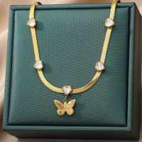 Stainless Steel Love Heart Zircon Choker Necklace For Women Retro Gold Color Butterfly Pendant Necklace Snake Chain Jewelry Gift