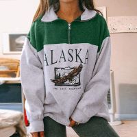 Vintage Fashion Women Stand Collar Zipper Alaska Letter Printing Long Sleeve Sweatshirt Woman Casual Loose Hoodies Women 2021