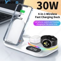 ZZOOI 4 in 1 Wireless Charger 30W Fast Qi Charging With Time Dispay Dock Station For Samsung S21 S20 for Galaxy Watch 4 3 Active 2 S3