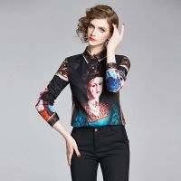 Print Women Shirt Blouses Long Sleeve Turn-down Collar Satin Shirt Casual Tops Elegant Vintage Straight Shirt