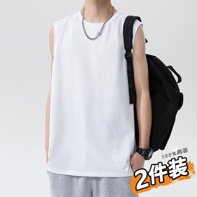 ☍▦♠ American-Style Vest Mens Summer Cotton Fitness Sports Waistcoat Clothes Bottoming Loose All-Match Wide Shoulders Sleeveless T-Shirt