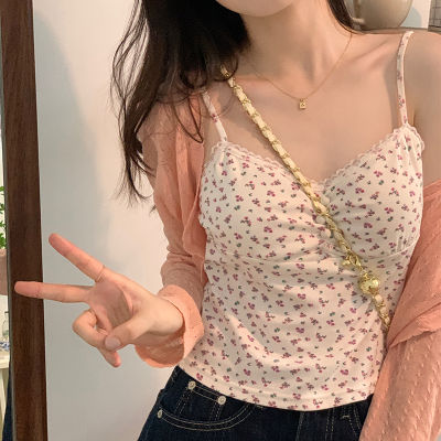 Chic Elegant Floral Small Sling Womens Inner Wear Base Vest With Chest Pad Short Tube Top Spring Outfit Underwear