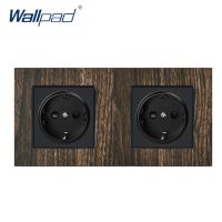 Double EU Socket Wallpad Aluminium Satin Metal Panel Wood 2 EU Schuko Power Socket 110V-240V AC Wall Outlets For Home 172x86mm