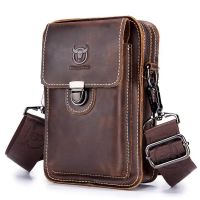 BULLCAPTAIN Crazy horse leather Male Waist Packs Phone Pouch Bags Waist Bag Mens Small chest Shoulder Belt Bag small back pack