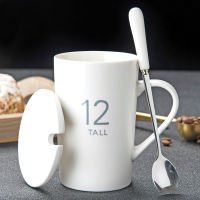 420580ml Ceramic Mugs Creative Letter Number Pattern Mugs With Spoon Lid Black And Gold Milk Coffee Cup Drinkware