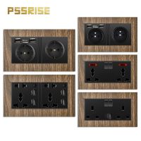 PSSRISE French EU Standard Wall Socket with 5V 2.1A USB Charger Aluminum Alloy Wood Grain Panel Power Outlet USB Socket 146*86mm Adhesives Tape