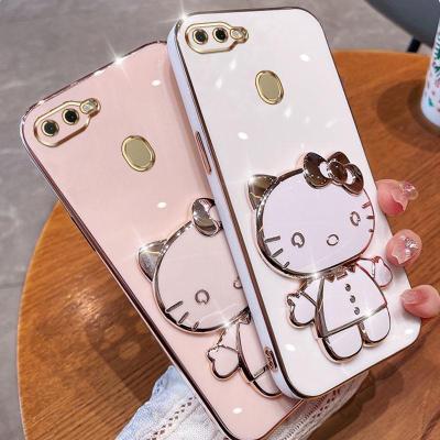 Folding Makeup Mirror Phone Case For OPPO A5S A7 A12 A11K F9 Pro A3S Realme C1 A12E A1K Realme C2  Case Fashion Cartoon Cute Cat Multifunctional Bracket Plating TPU Soft Cover Casing
