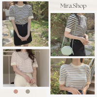 Mira.shopเสื้อสเวตเตอร์คอกลมแขนสั้นลายทางอารมณ์ทุกคู่ เสื้อยืด 8808#