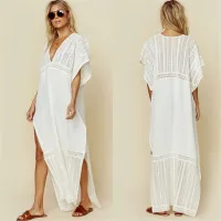 --D0512 Europe and the United States people cotton spell net cloth embroidered deep v-neck loose sexy beach bikini smock dress vacation is prevented bask in unlined upper garment