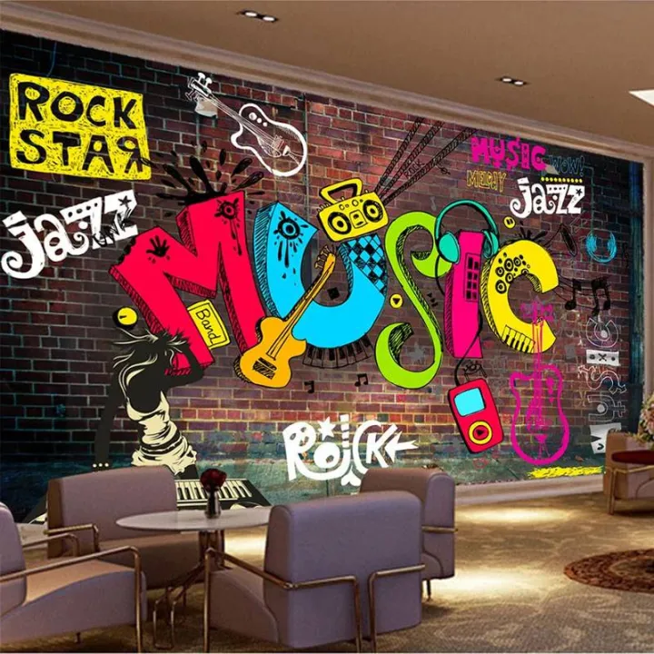 Custom Size Mural Wallpaper 3D Cool Graffiti Retro Music Letters Brick Wall  Fresco Restaurant KTV Bar 3D Waterproof Sticker | Lazada PH