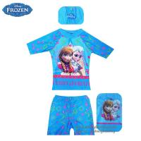 Swimming Wear 2piece for Girl Disney Frozen ชุดว่ายน้ำเด็ก ชุดว่ายน้ำ ชุดว่ายน้ำเด็กผู้หญิง สีฟ้า เสื้อแขนสั้น กางเกงขาสั้น พร้อมหมวกว่ายน้ำและถุงผ้า