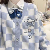 ✖ Kawaii Sanrioed Clothes My Melody Kuromi Cinnamoroll Jk Uniform Checkerboard Knitted Sweater Women Loose Sweater Top Coat Gift