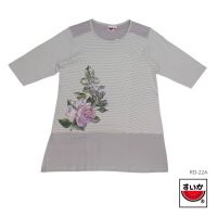 แตงโม (SUIKA) - ( RD - 22) เสื้อยืดผ้าริ้วตัวยาว พิมพ์ลายดอกไม้ แขนสามส่วน