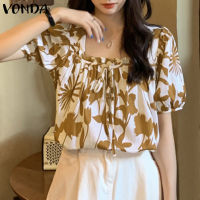 (จัดส่งฟรี)Fancystyle VONDA เสื้อพิมพ์ลายดอกไม้หลวมวินเทจของผู้หญิงเสื้อปลายแขนบานคอเหลี่ยม