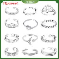 CHUAN 12pcs/set ผู้หญิง ของขวัญเครื่องประดับ ฤดูร้อน ชายหาด ปรับได้ แหวนรองเท้า แหวนนิ้ว แหวนหาง ชุดแหวนนิ้วเท้า