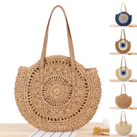 Round Straw Beach Bag Vintage Handmade Shoulder Bag Raffia Circle Rattan Bags Bohemian Summer Vacation Casual Bags