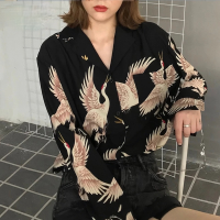 QWEEK Harajuku Shirt Women Animal Print Blouses Button Up Long Sleeve Oversized Streetwear Chinese Style Black Tops Punk Hip Pop