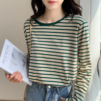 2021 Autumn T-Shirt Woman Korea Loose Cotton T Shirt Women Casual Top Tee Green Black Striped Long Sleeve Tshirt Basic Winter