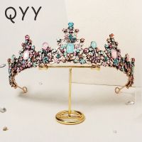 Baroque Handmade Multicolor Crystal Beads Bridal Crown Rhinestone Diadem Pageant Veil Tiara Headbands Wedding Hair Accessories