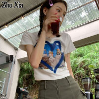 Zhu Xia 2023เสื้อยืดคอกลมแขนสั้นพิมพ์ลายสไตล์ญี่ปุ่นเสื้อเอวลอยเลกกิ้งลดอายุแบบลำลองน่ารักสำหรับเด็กผู้หญิง