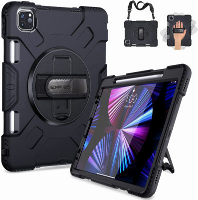 SUPFIVES iPad Pro 11 Case 2021 with Pencil Holder, Upgraded Military Grade Shockproof Protector Silicone Cover+ Handle+ Shoulder Strap+ Rotating Kickstand for iPad Pro 11 inch 3rd Gen 2020/2021, Black iPad pro 11 case 2021&amp; 2020&amp; 2018 Black