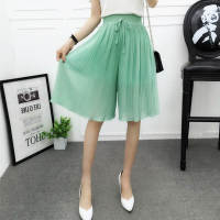 Chiffon Wide Leg Short Femme Trousers Women Loose Lace Up High Waist Knee Length Midi Pleated Summer Shorts Women Capris C7258