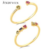 ANDYWEN แหวนปรับขนาดได้หลากสี CZ สีรุ้งเปิด100% 925เงินสเตอร์ลิงปรับขนาดได้สำหรับงานแต่งงานที่หรูหราสำหรับผู้หญิง