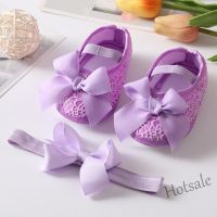 【hot sale】 ❈✵❡ C19 2PCS Baby Girl Satin Cloth Bowknot Princess Shoes Toddler Soft Sole Walking Shoes Headband Set