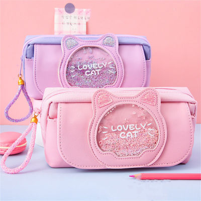 Girls Pencil Case Novelty Pencil Case Three-layer Big Pen Case Cute Cat Pencil Case Quicksand Pencil Bag