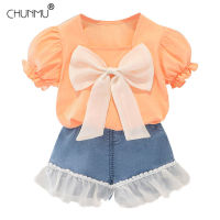 Girls Tracksuits 0-4 Years Summer Casual Toddler Kids Puff Sleeve Bow Top + Lace Denim Shorts Sweet Children Clothing Set