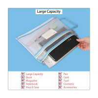 4Pcs Translucent A4 Document Bag Book File Folders Stationery Pencil Case A4 Mesh Zip Folder Blue