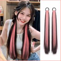 UREAN 2Pcs ไฟเบอร์ทนความร้อน วิกผมหางม้า การต่อผม สีชมพูอมชมพู วิกผมยาวตรง น่ารักน่ารักๆ ธรรมชาติตามธรรมชาติ วิกผมหางม้าคู่ ผู้หญิง/เด็กผู้หญิง