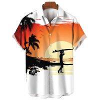 Hawaiian Surfing Shirt For Men 2023 New Short Sleeve Beach Shirts Print Fashion Holiday Male Clothing Collar Button Tops Blouse