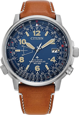 Citizen Mens Eco-Drive Promaster Air Skyhawk Atomic Time Keeping Watch in Super Titanium with Brown Leather Strap, Blue Dial (Model: CB0241-00L)
