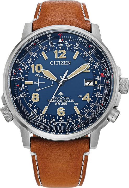 citizen-mens-eco-drive-promaster-air-skyhawk-atomic-time-keeping-watch-in-super-titanium-with-brown-leather-strap-blue-dial-model-cb0241-00l