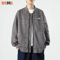 WOMA แจ็คเก็ตหนังกลับมีฮู้ดคอกลมผู้ชายวินเทจ Jaket Baseball ทึบ