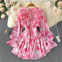 French summer dress 2022 new female fungus edge design floral chiffon long-sleeved dress niche temperament fairy short skirt