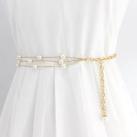 Multilayer Pearl Thin Long Belt For Women Elegant Gold Metal Body Chain Apparel Dress Decor Adjustable Female Waist Bands Straps Belts