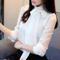 2019 New Summer Fashion Tunic Women Blouse Shirts Long Sleeve Tie Bow Chiffon Turtleneck Formal Women White Black Shirts