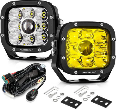 5 inch LED Driving Lights w/Amber Covers, Auxbeam 55W Super Spot Lights Offroad LED Pods Cube Light Bar Amber Fog Lights Yellow Square Lights for Truck Jeep Polaris GMC Ford Bumper 5 inch 110W Offroad Lights